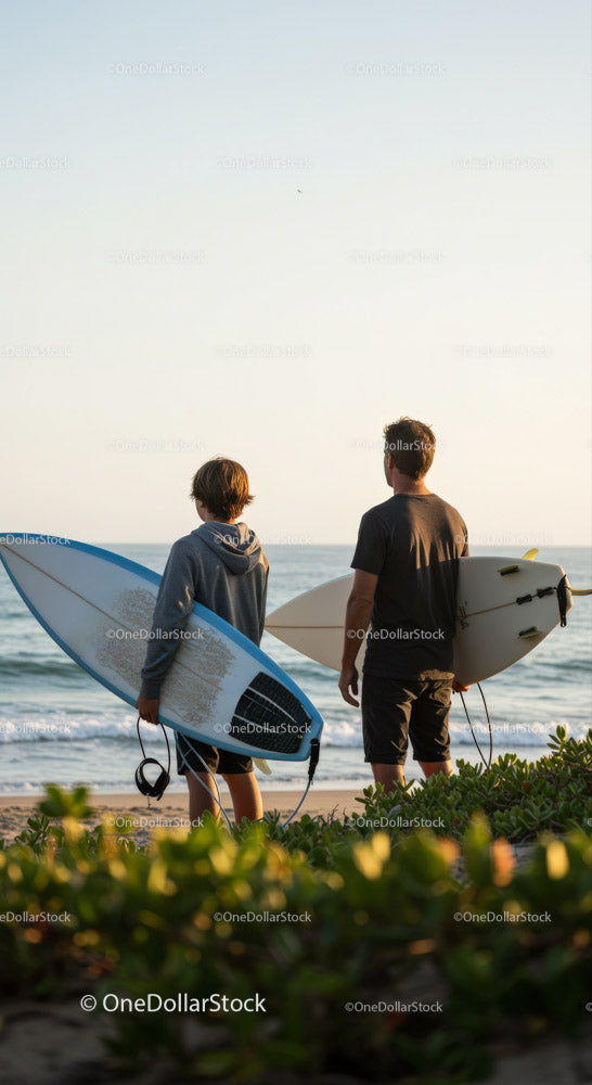 Two Surfers with Surfboards at Beach Ready for Waves