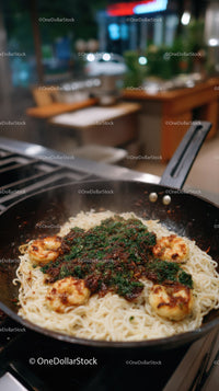 Pan of Shrimp and Pasta with Tomato Sauce in a Modern Kitchen