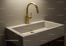 Modern Beige Stone Kitchen Sink with Gold Faucet and Minimalist Design