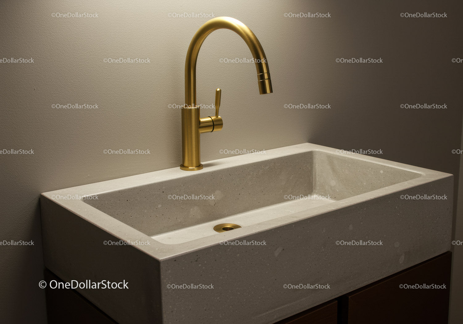 Modern Beige Stone Kitchen Sink with Gold Faucet and Minimalist Design