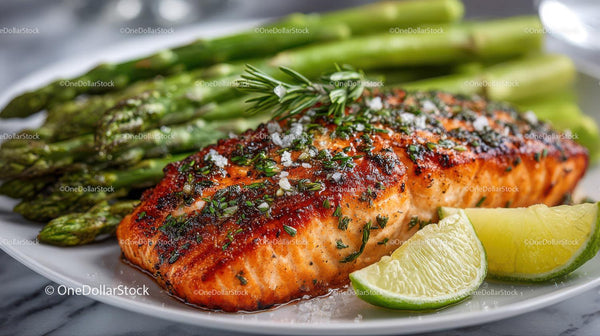 Grilled Salmon Fillet with Asparagus and Lemon Garnish