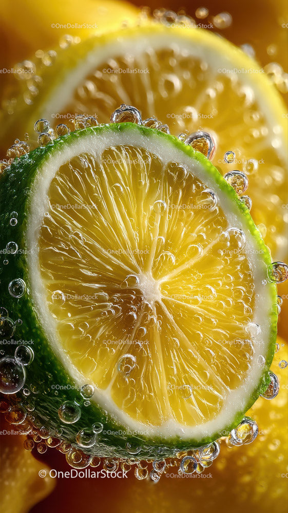 Vibrant Lemon and Lime Slices with Bubbles for Refreshing Food Photography