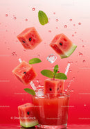 Refreshing watermelon cubes splashing into glass with mint