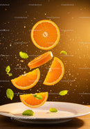 Fresh orange slices with mint leaves floating above plate