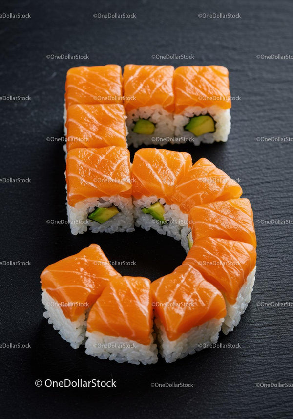 Number Five Shaped Salmon Sushi Rolls on Black Slate