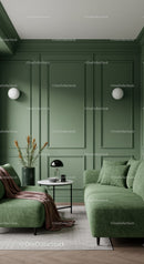 Stylish Green Panelled Living Room with Velvet Sofa and Decor