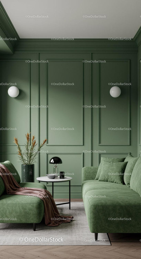 Stylish Green Panelled Living Room with Velvet Sofa and Decor