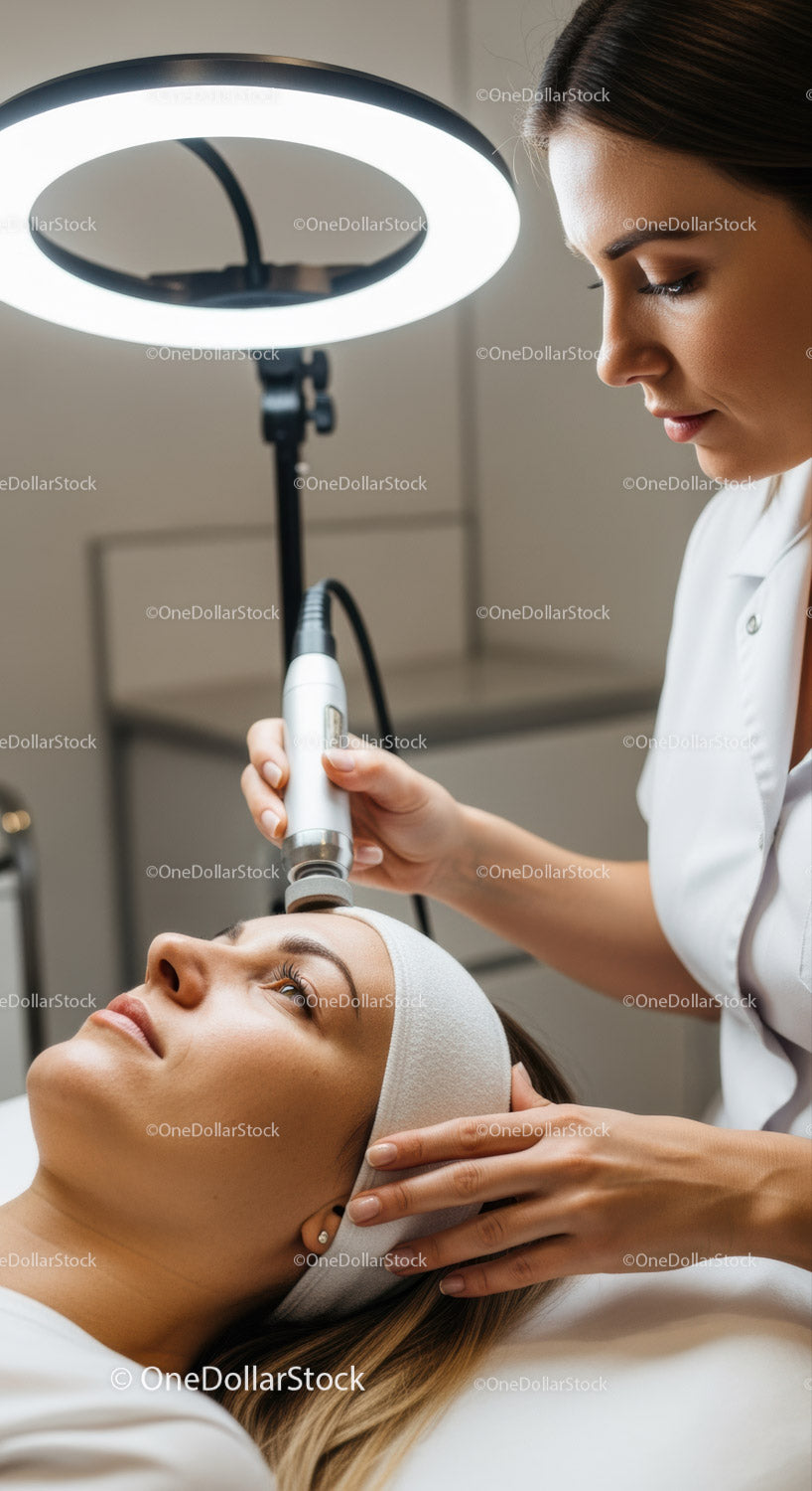 Female Dermatologist Performing Skin Treatment with LED Device in Clinic