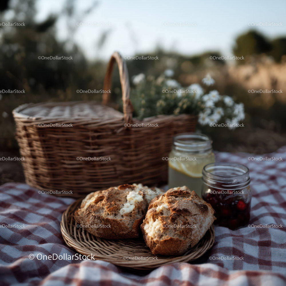 Rustic Picnic with Bread, Berry Jam and Lemonade in Nature Setting