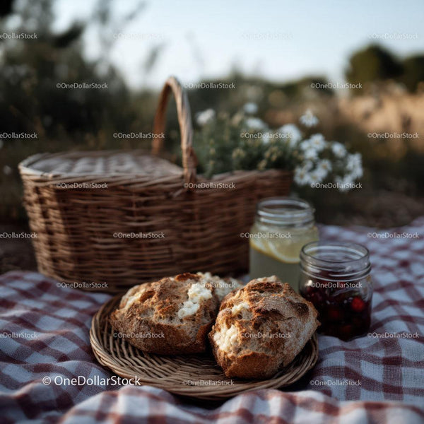 Rustic Picnic with Bread, Berry Jam and Lemonade in Nature Setting