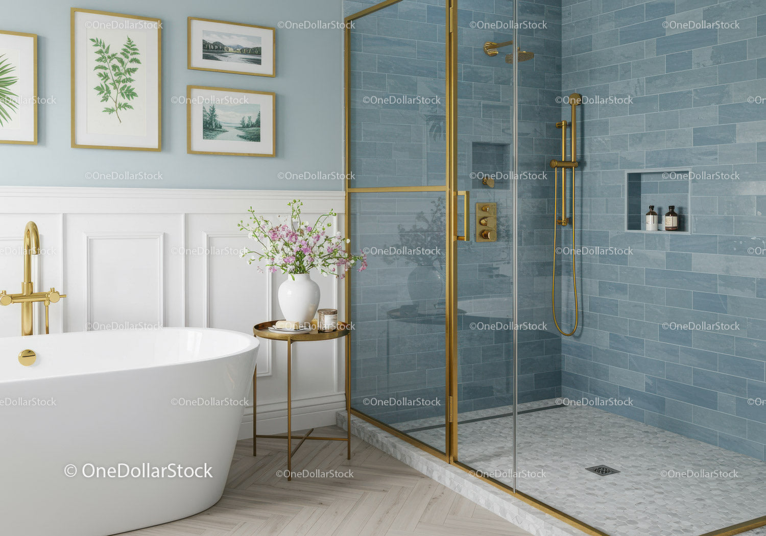 Elegant bathroom with freestanding tub and gold accents