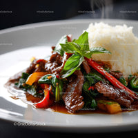 Beef Stir-Fry with Vegetables and Steamed Rice