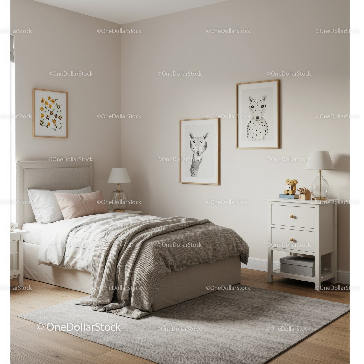 Stylish Modern Bedroom with Neutral Decor and Animal Artwork
