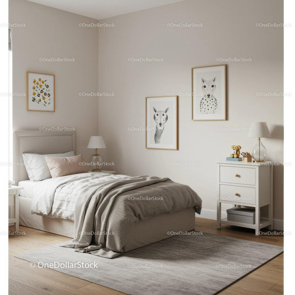 Stylish Modern Bedroom with Neutral Decor and Animal Artwork