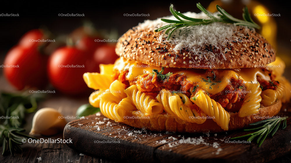 Cheesy Pasta Burger with Fresh Herbs on Rustic Bread Bun