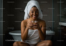 Smiling Woman with Facial Mask and Towel Wrap in Bathroom