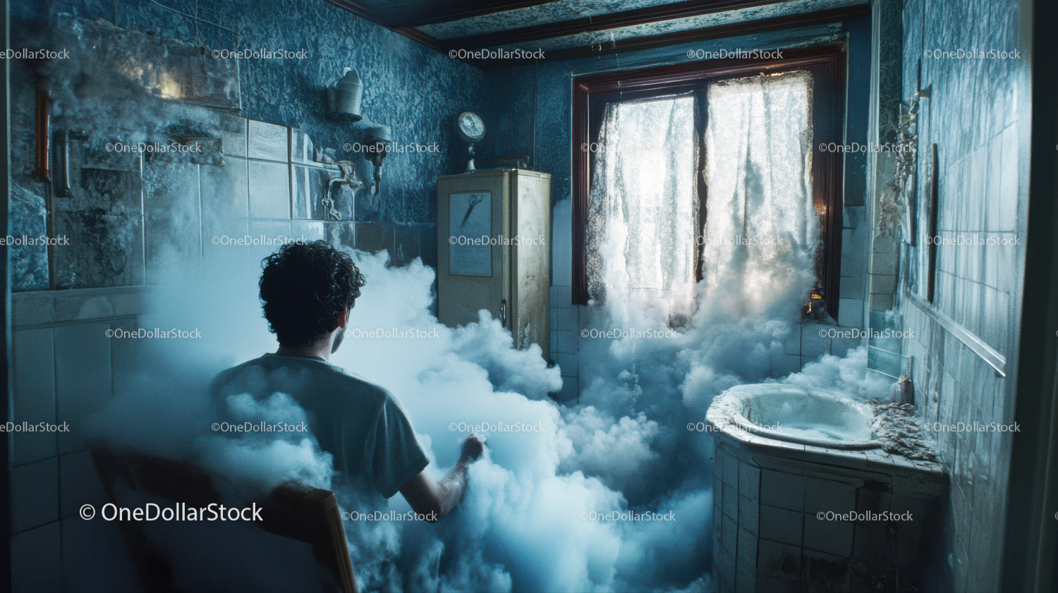 Abandoned Bathroom with Flooding and Steam Atmospheric Scene