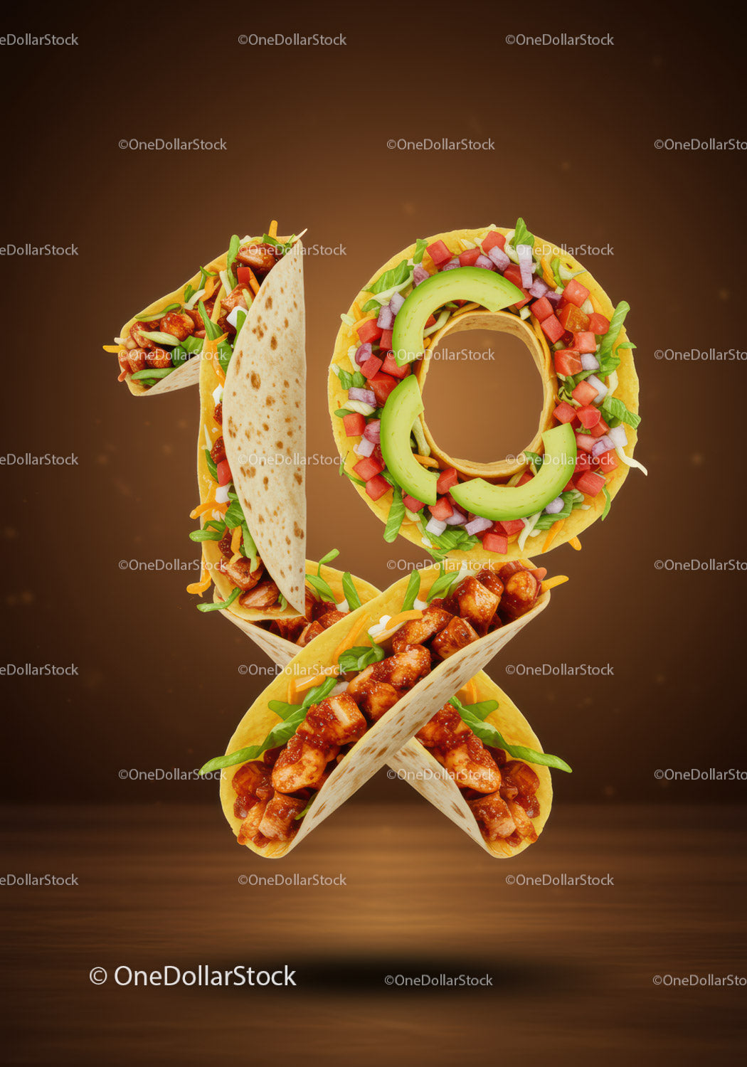 Smaczne meksykańskie tacos tworzące numer dziesięć na brązowym