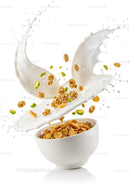 Crunchy cereal with splash of fresh milk and nuts