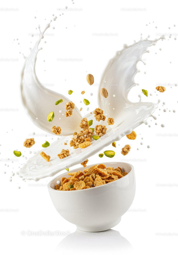 Crunchy cereal with splash of fresh milk and nuts
