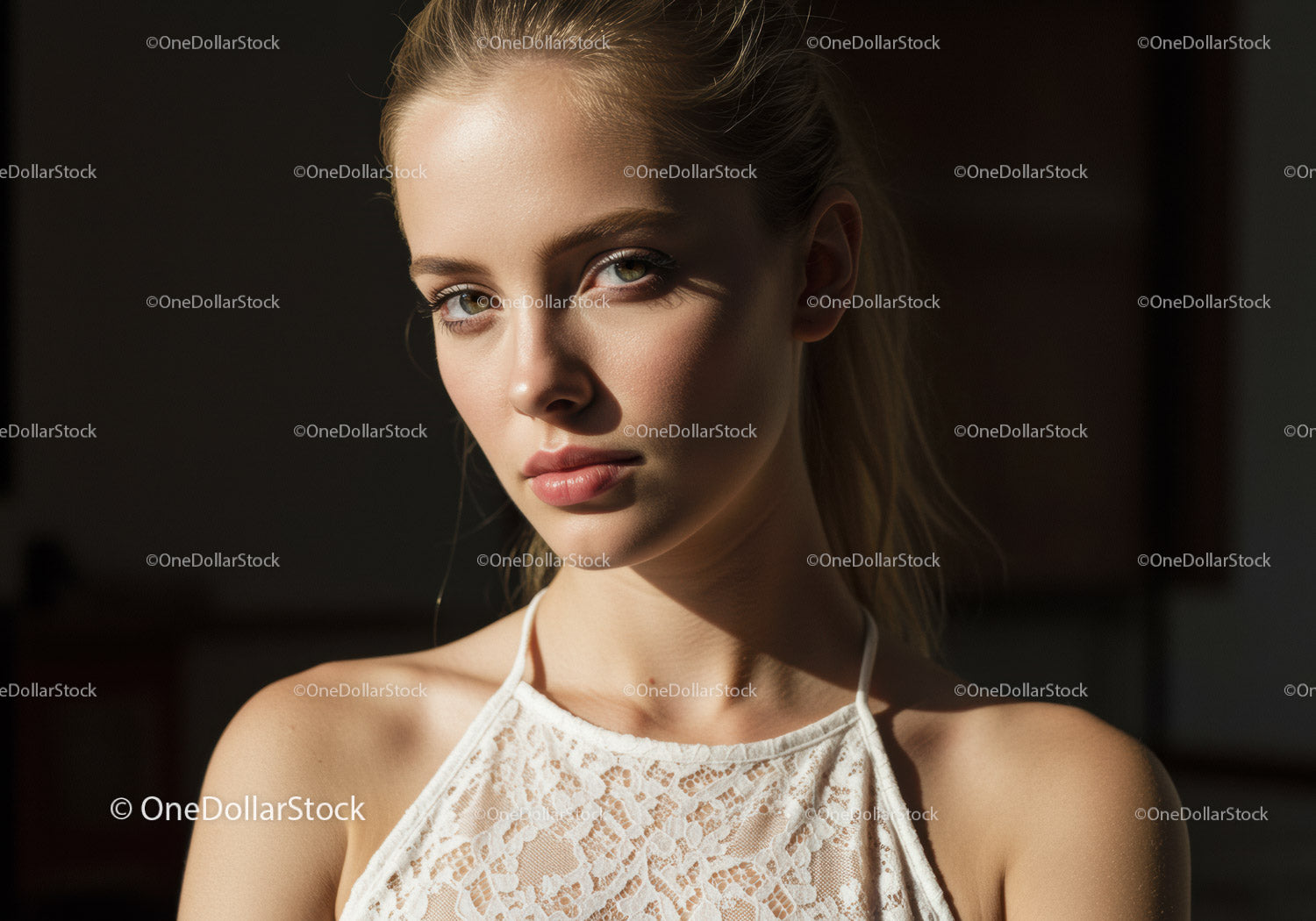 Portrait of a Beautiful Woman with Blonde Hair and Blue Eyes Wearing Lace Top