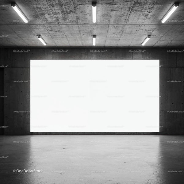 Empty industrial space with large illuminated wall panel JPG Mockup Image