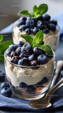 Berry Cheesecake in Glass Cup with Fresh Mint and Blueberries