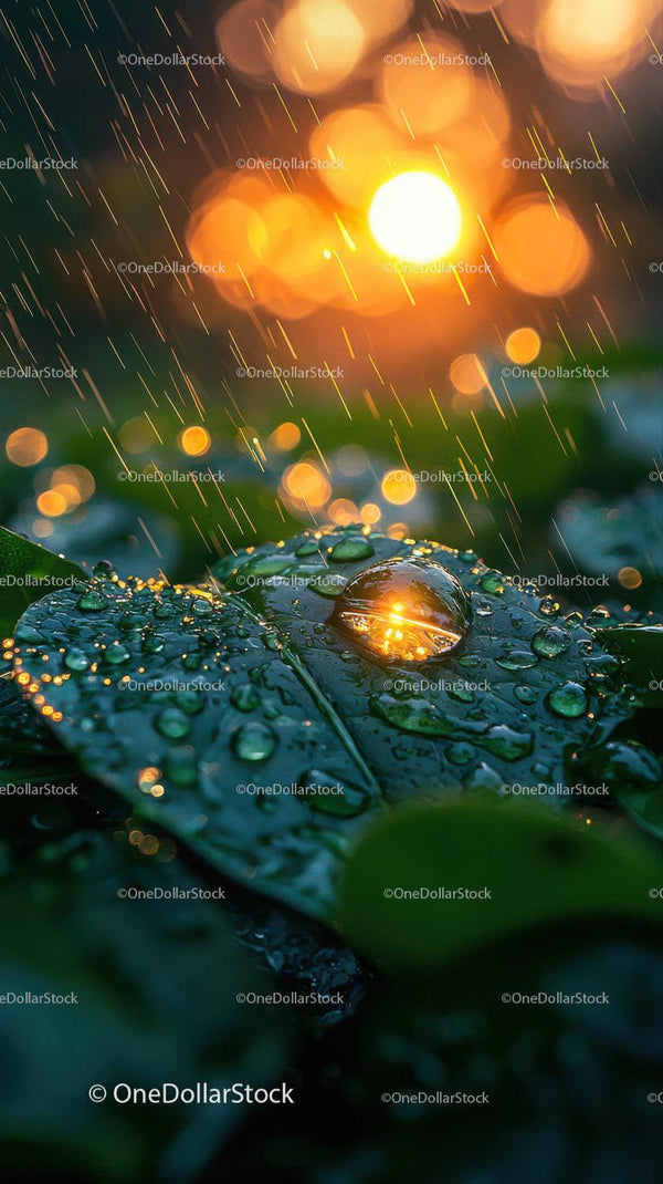 Zbliżenie kropli deszczu na zielonym liściu z jasnymi światłami bokeh