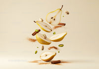 Floating sliced pears with cinnamon and pistachios on beige