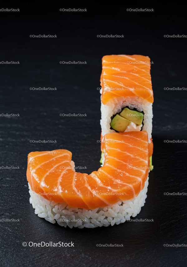 Fresh salmon sushi roll shaped like the letter J