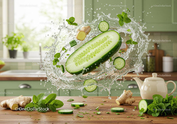 Refreshing cucumber splash with ginger and mint leaves