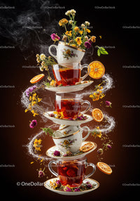 Stack of steaming tea cups with floating flowers and fruit