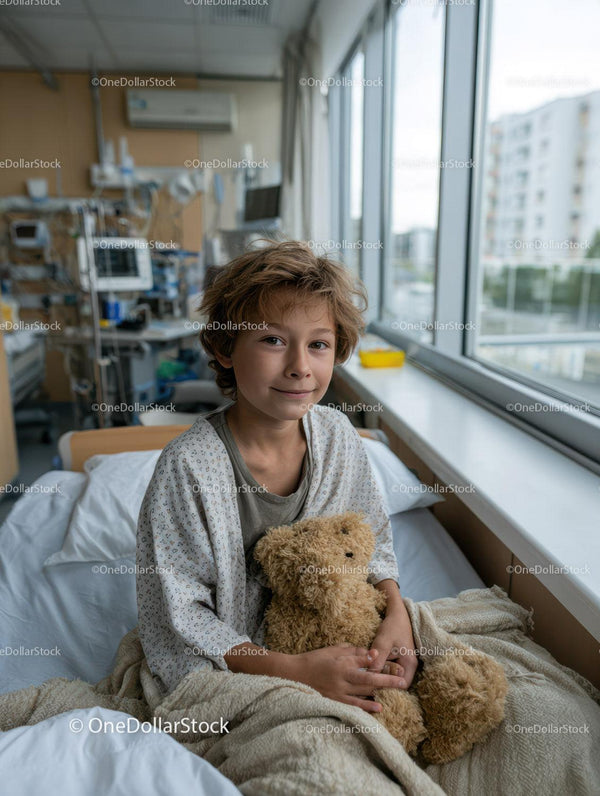 Young Boy in Hospital Bed Holding Teddy Bear in Bright Medical Room
