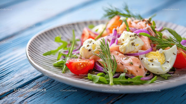 Colorful Salad with Cherry Tomatoes Boiled Eggs and Salmon