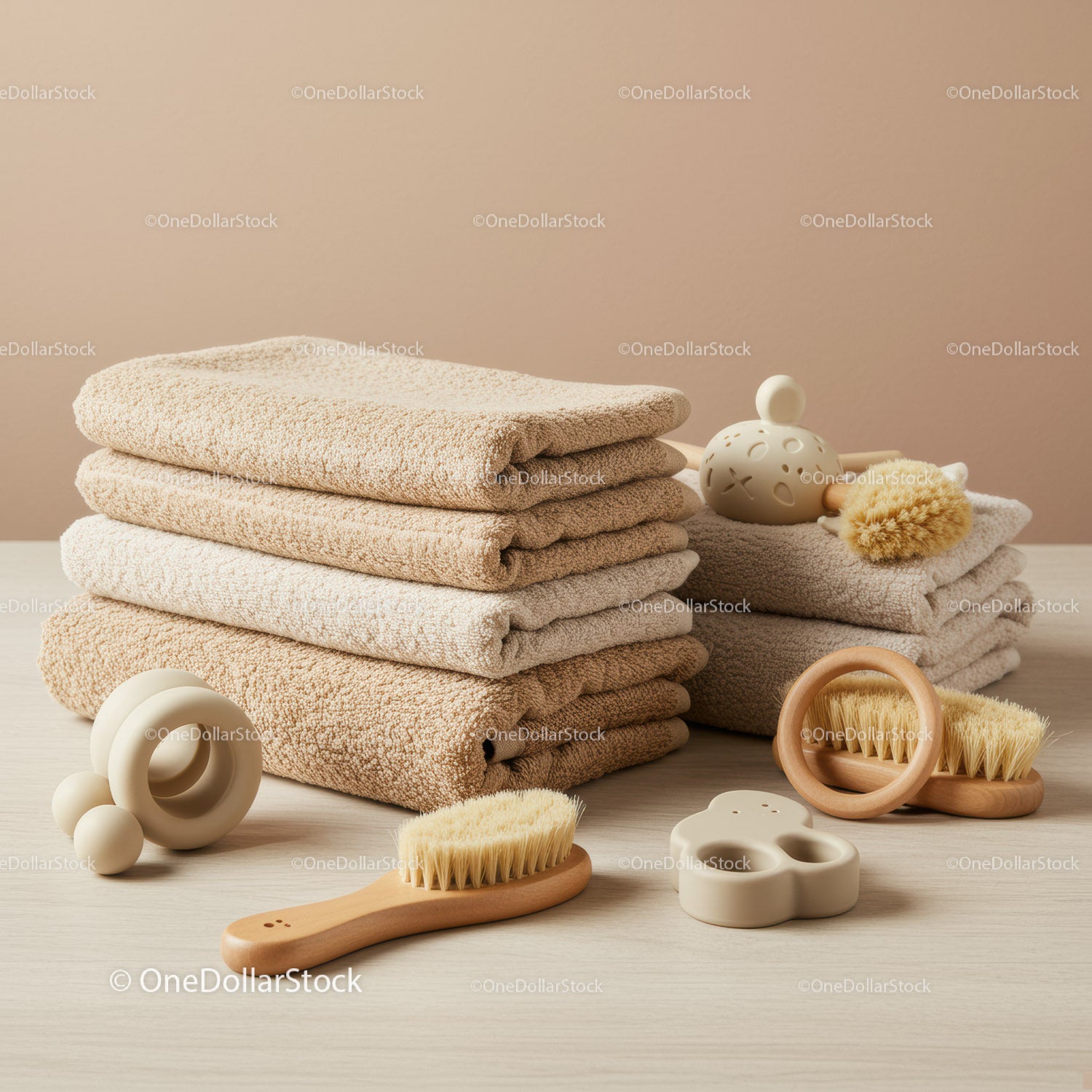 Stack of Soft Towels with Natural Bath Brushes