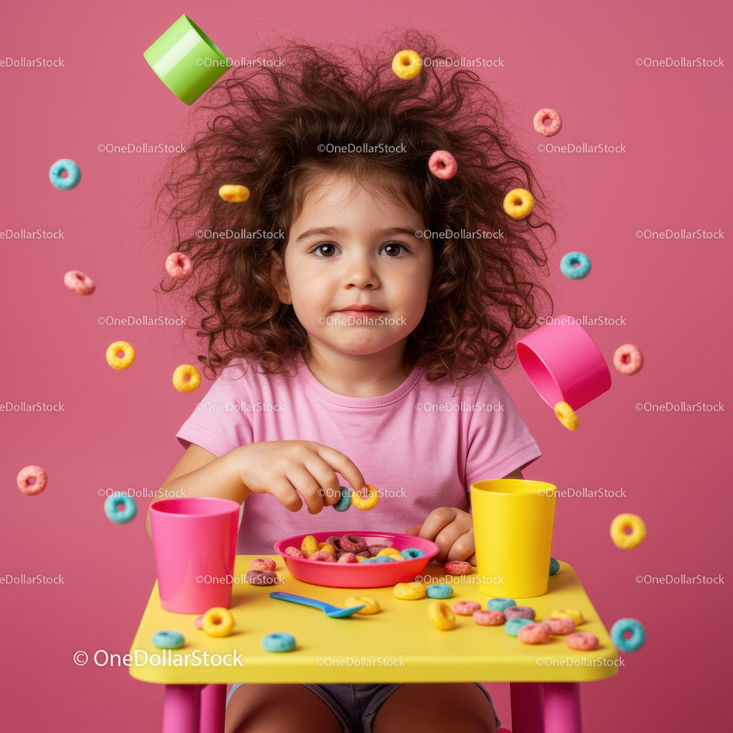 Curly toddler enjoying colorful cereal at bright table