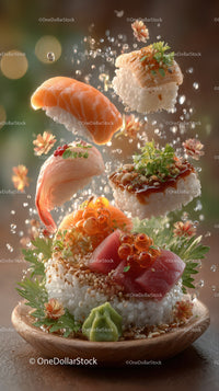 Fresh Sushi Plate with Salmon Tuna Rice Garnishes and Soy Sauce