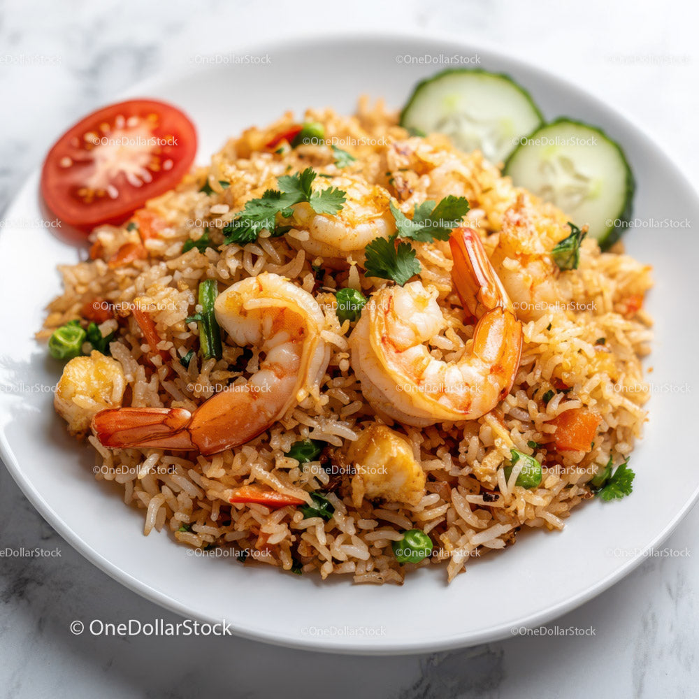 Delicious Shrimp Fried Rice with Vegetables and Fresh Garnish