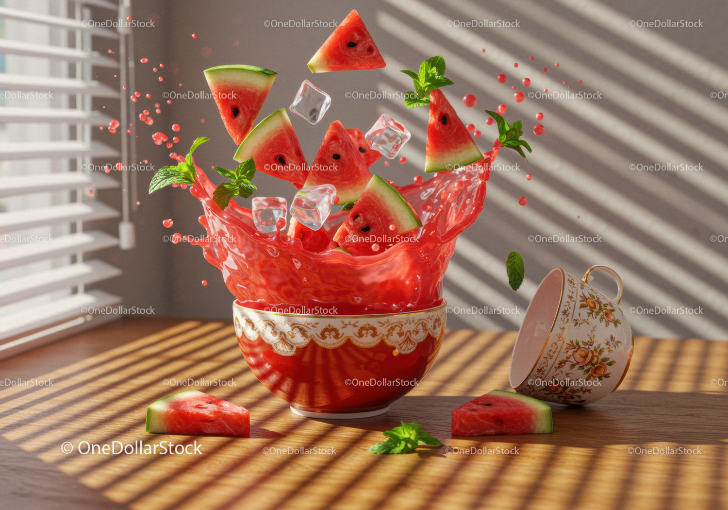 Refreshing watermelon splash with mint and ice cubes