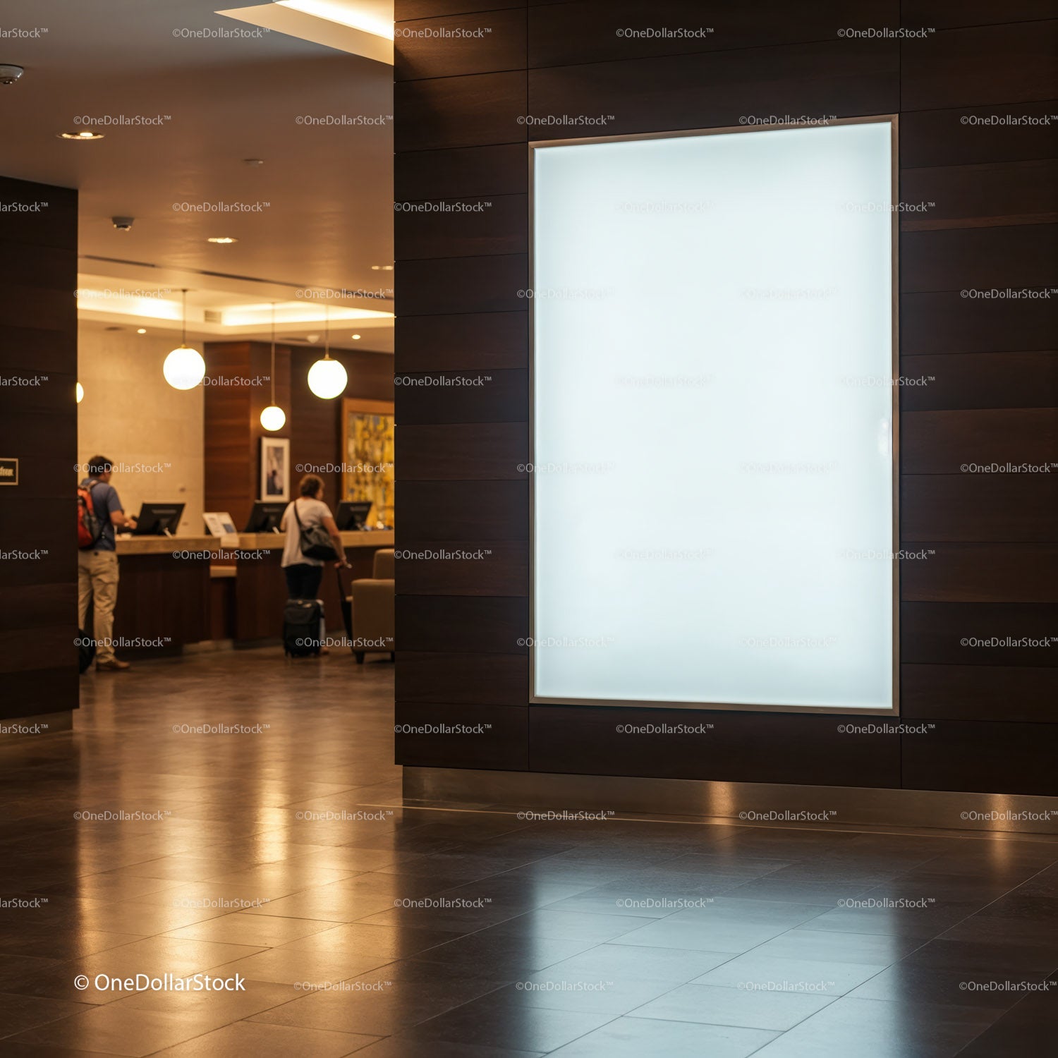 Modern hotel lobby with travelers checking in