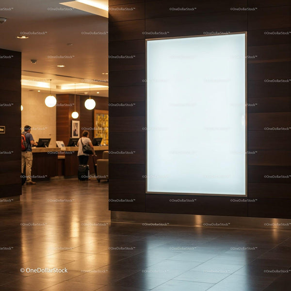 Modern hotel lobby with travelers checking in JPG Mockup Image