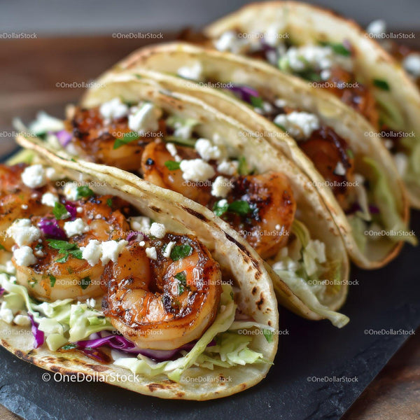 Seafood Shrimp Tacos with Fresh Vegetables and Spicy Sauce