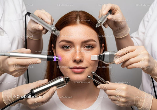 Młoda kobieta poddająca się laserowemu zabiegowi skóry w klinice dermatologicznej