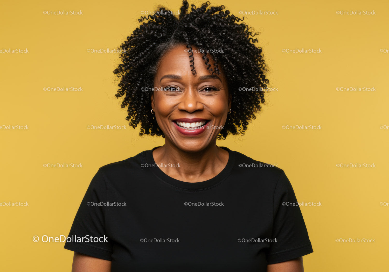 Confident Smiling Woman with Curly Hair against Vibrant Yellow Background