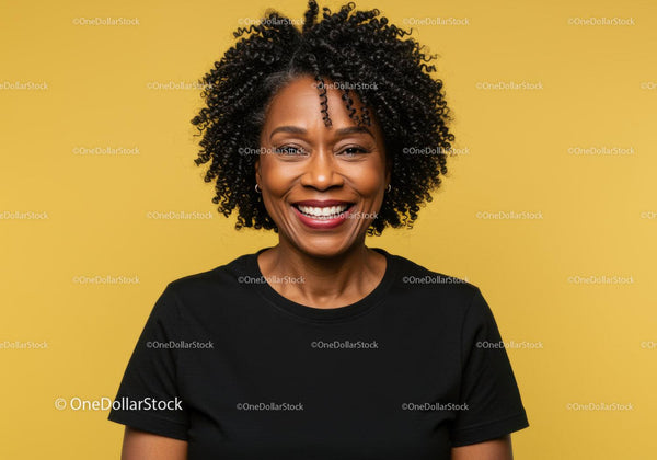 Confident Smiling Woman with Curly Hair against Vibrant Yellow Background