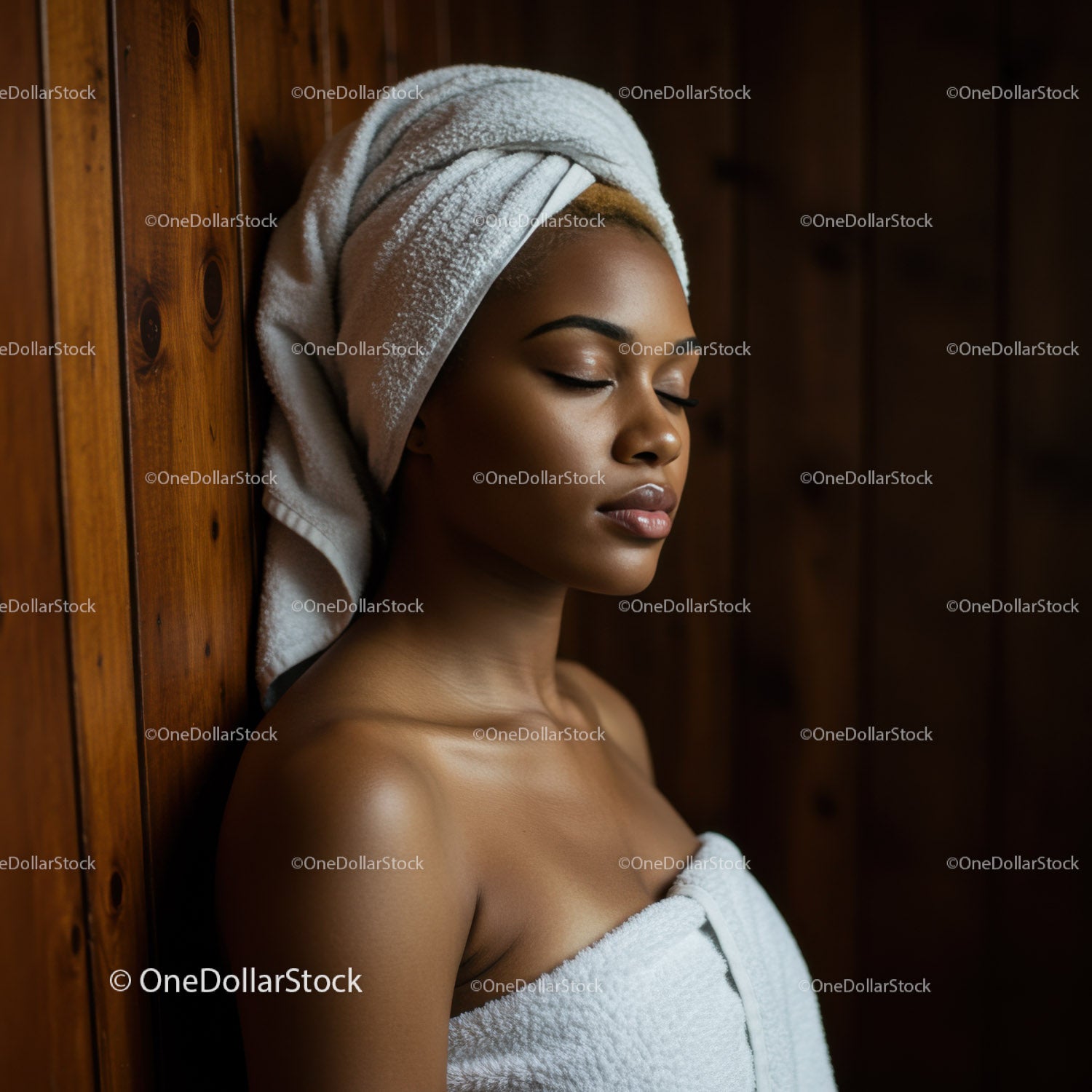 Serene Woman Relaxing with Towel and Hair Wrap in Spa Setting