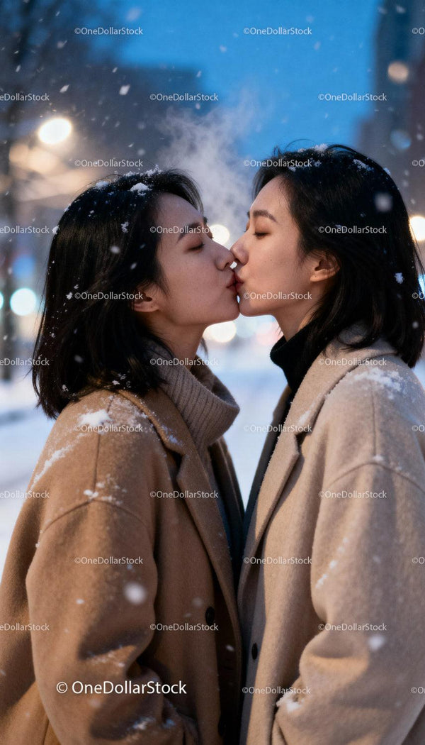 Two women sharing a tender kiss on a snowy evening