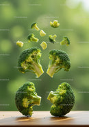 Fresh broccoli pieces floating over wooden surface