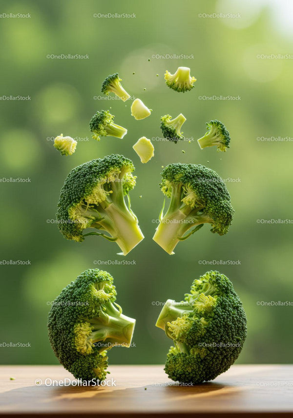 Fresh broccoli pieces floating over wooden surface