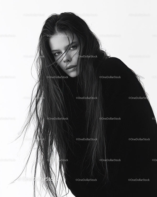 Black and White Portrait of a Woman with Long Wet Hair and Intense Gaze